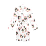 Cute pugs pink heart paw pattern Women's Long Sleeve Belted Night Robe