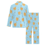 Brown cute pomeranian blue blackground Men's Long Pajama Set