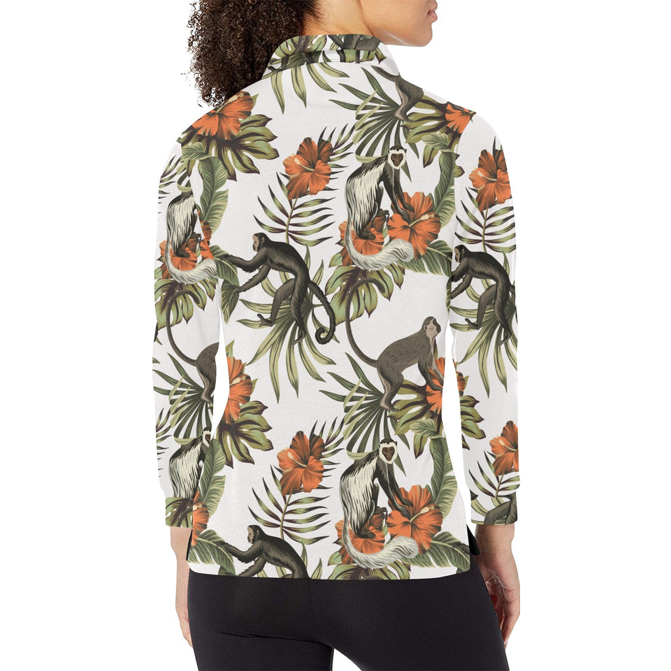Monkey red hibiscus flower palm leaves floral patt Women's Long Sleeve Polo Shirt