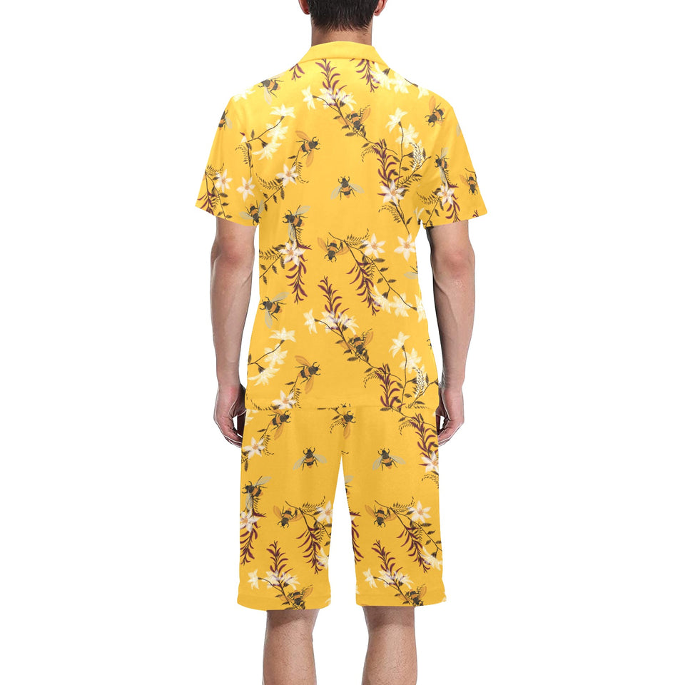 Bee flower pattern Men's V-Neck Short Pajama Set