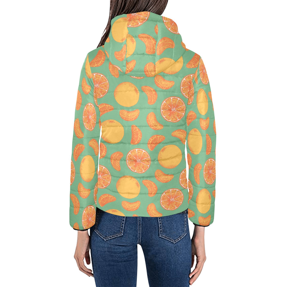 orange fruit pattern green background Women's Padded Hooded Jacket