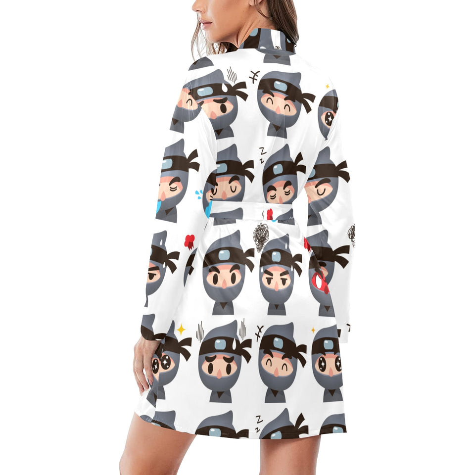 Cute ninja design pattern Women's Long Sleeve Belted Night Robe