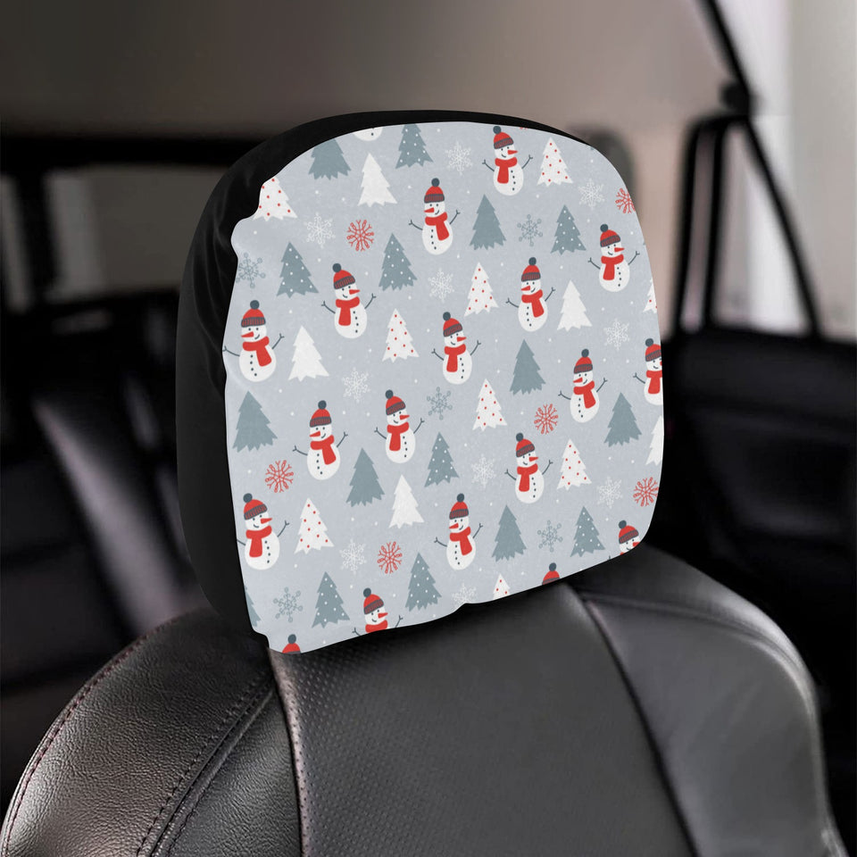 Snowman christmas tree snow gray background Car Headrest Cover