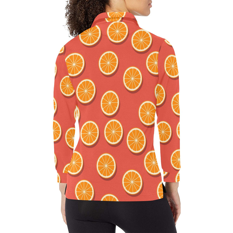 Oranges pattern red background Women's Long Sleeve Polo Shirt