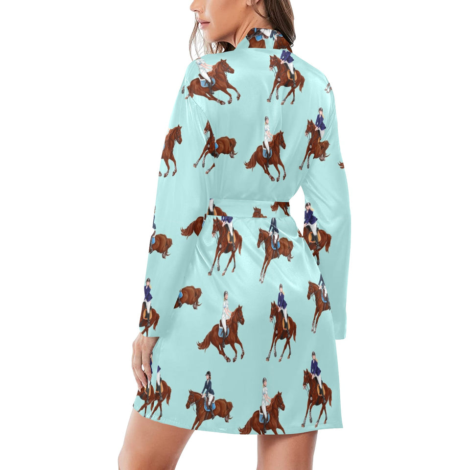 Horses running horses rider pattern Women's Long Sleeve Belted Night Robe