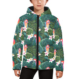 Parrot Palm tree leaves flower hibiscus pattern Kids' Boys' Girls' Padded Hooded Jacket