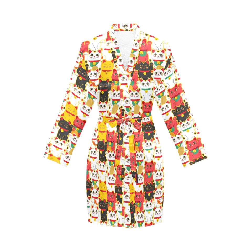 Colorful Maneki neko cat pattern Women's Long Sleeve Belted Night Robe