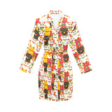 Colorful Maneki neko cat pattern Women's Long Sleeve Belted Night Robe