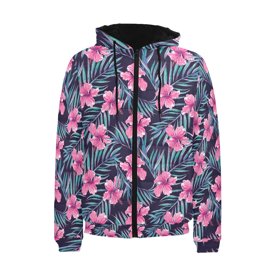 Hibiscus Pattern Print Design 05 Men's Padded Hooded Jacket