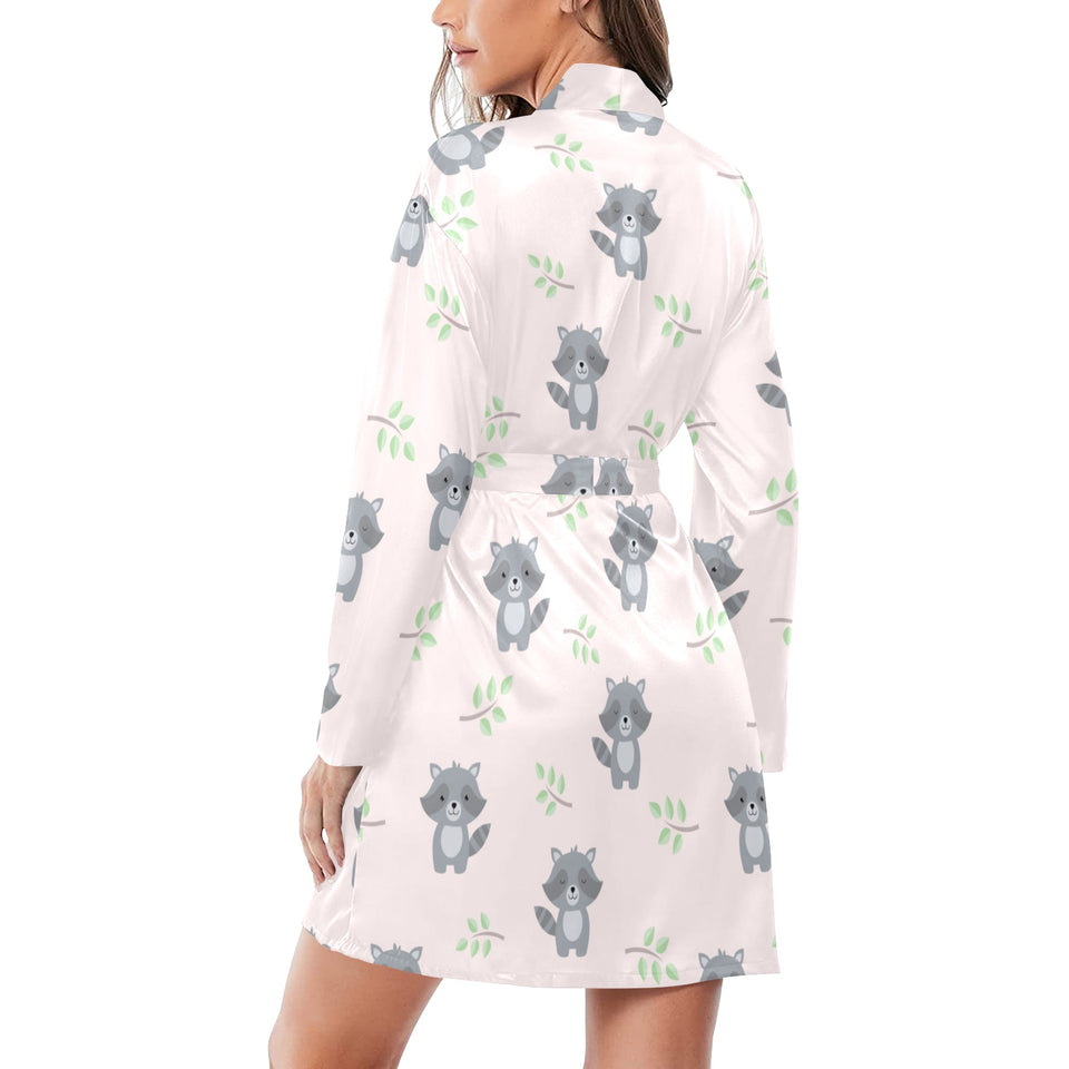 cute raccoons leaves pattern Women's Long Sleeve Belted Night Robe