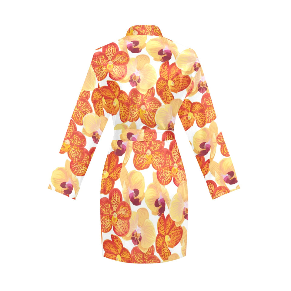 Orange yellow orchid flower pattern background Women's Long Sleeve Belted Night Robe