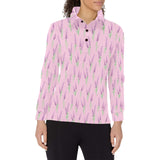 Lavender pattern pink background Women's Long Sleeve Polo Shirt