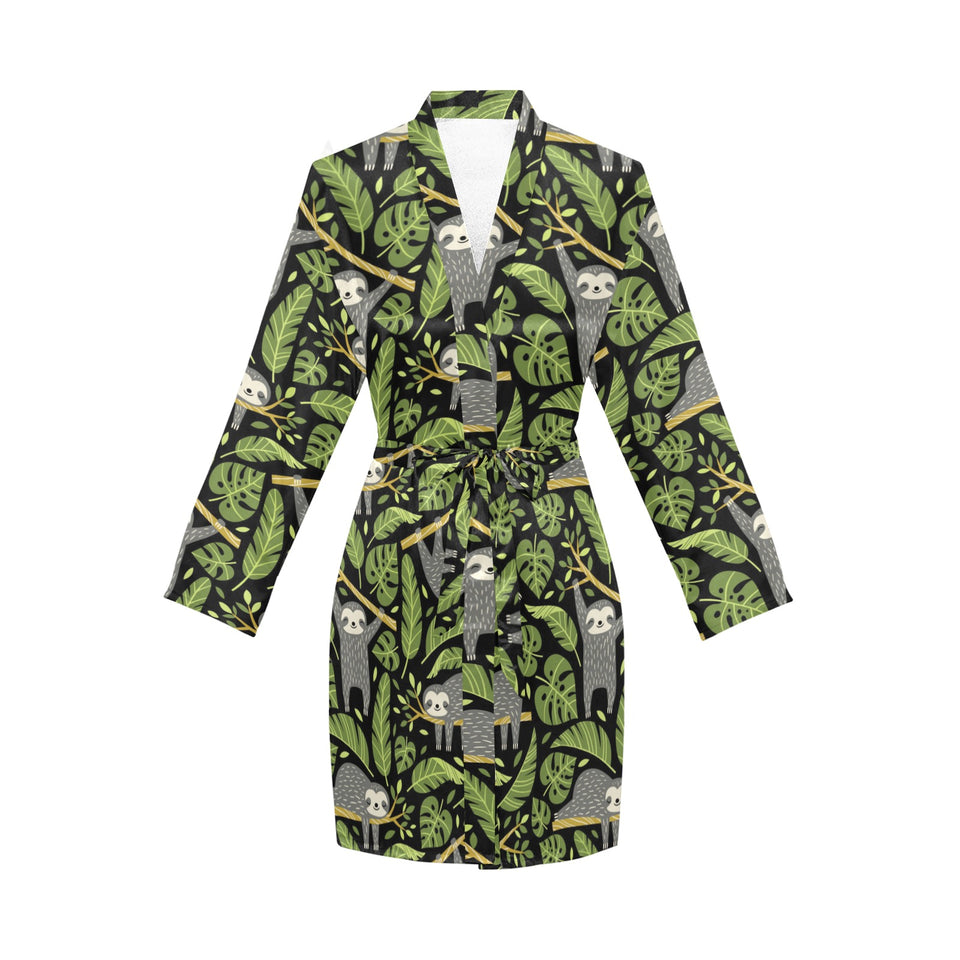 Cute sloths tropical palm leaves black background Women's Long Sleeve Belted Night Robe
