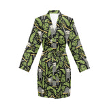Cute sloths tropical palm leaves black background Women's Long Sleeve Belted Night Robe