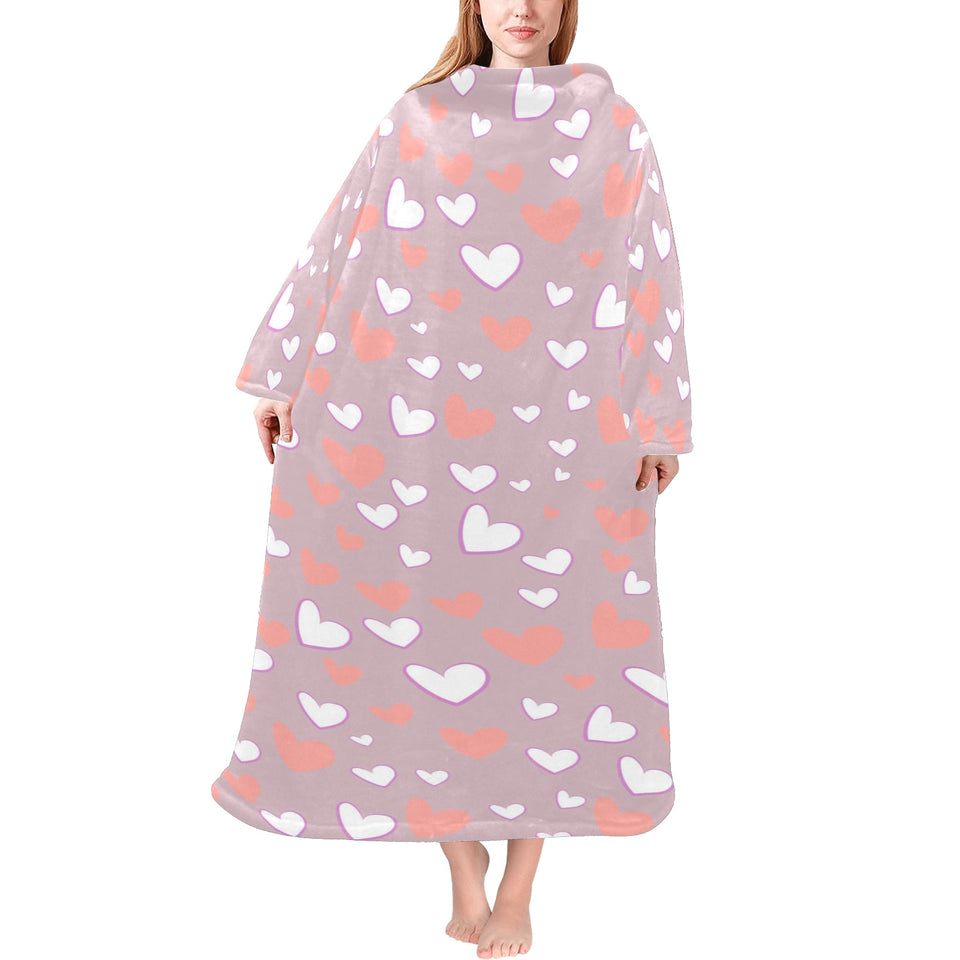 coral white heart pattern Blanket Robe with Sleeves