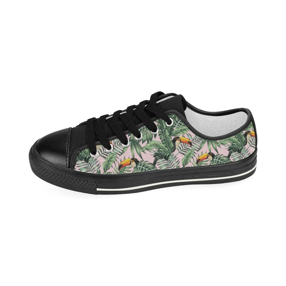 Toucan tropical green jungle palm pattern Kids' Boys' Girls' Low Top Canvas Shoes Black
