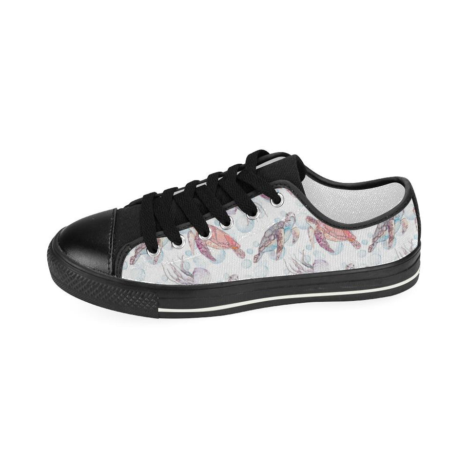 Watercolor sea turtle jellyfish pattern Kids' Boys' Girls' Low Top Canvas Shoes Black