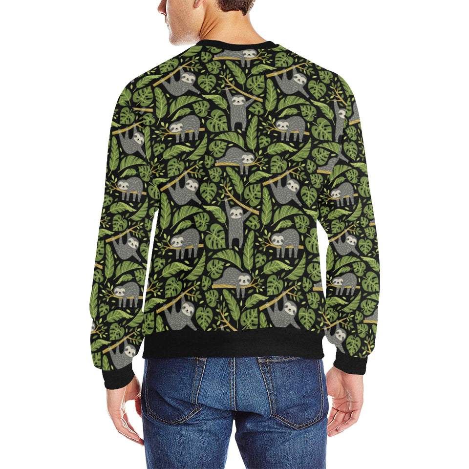 Cute sloths tropical palm leaves black background Men's Crew Neck Sweatshirt