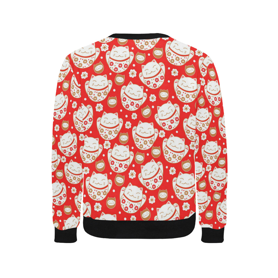 Cute Maneki neko cat red background Men's Crew Neck Sweatshirt