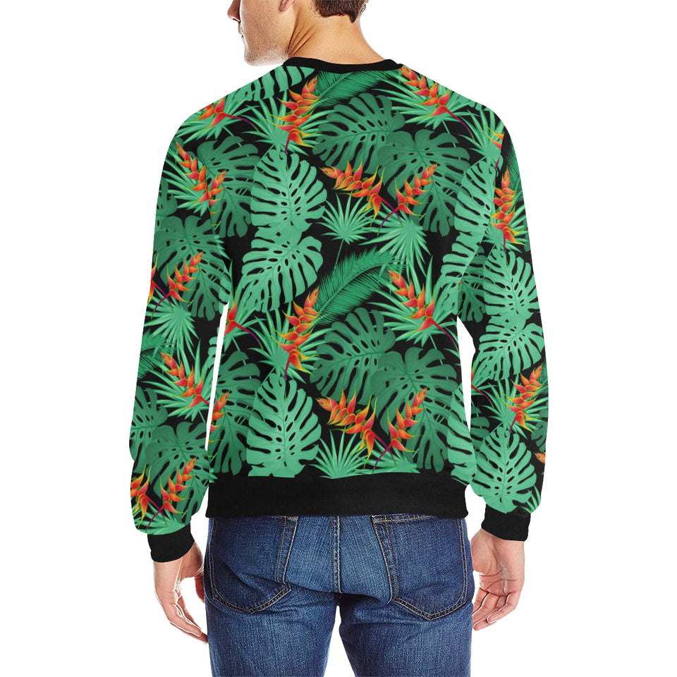heliconia flower palm monstera leaves black backgr Men's Crew Neck Sweatshirt