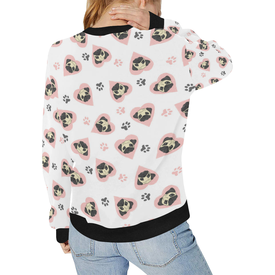 Cute pugs pink heart paw pattern Women's Crew Neck Sweatshirt