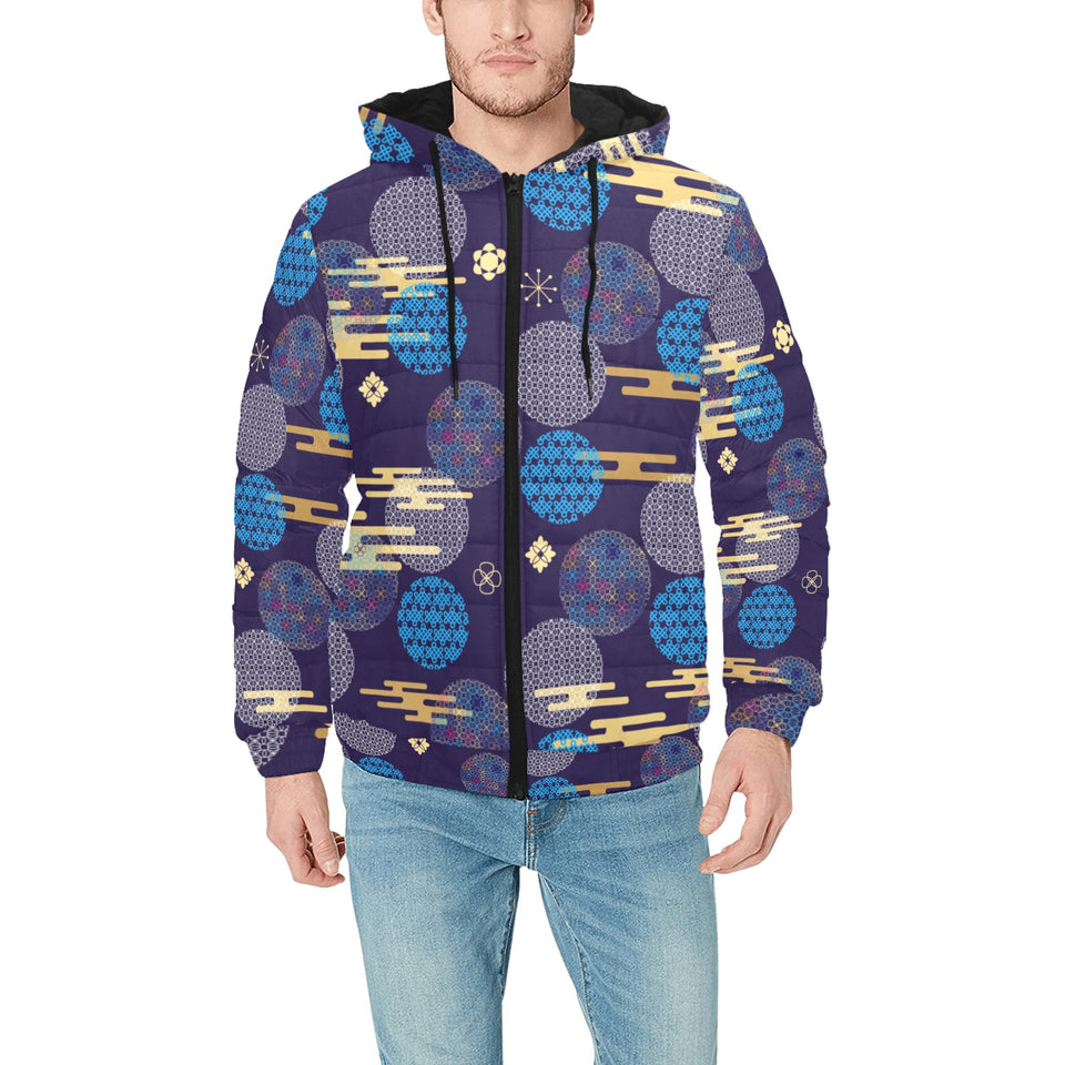 Blue japanese pattern cloud wave flower Men's Padded Hooded Jacket
