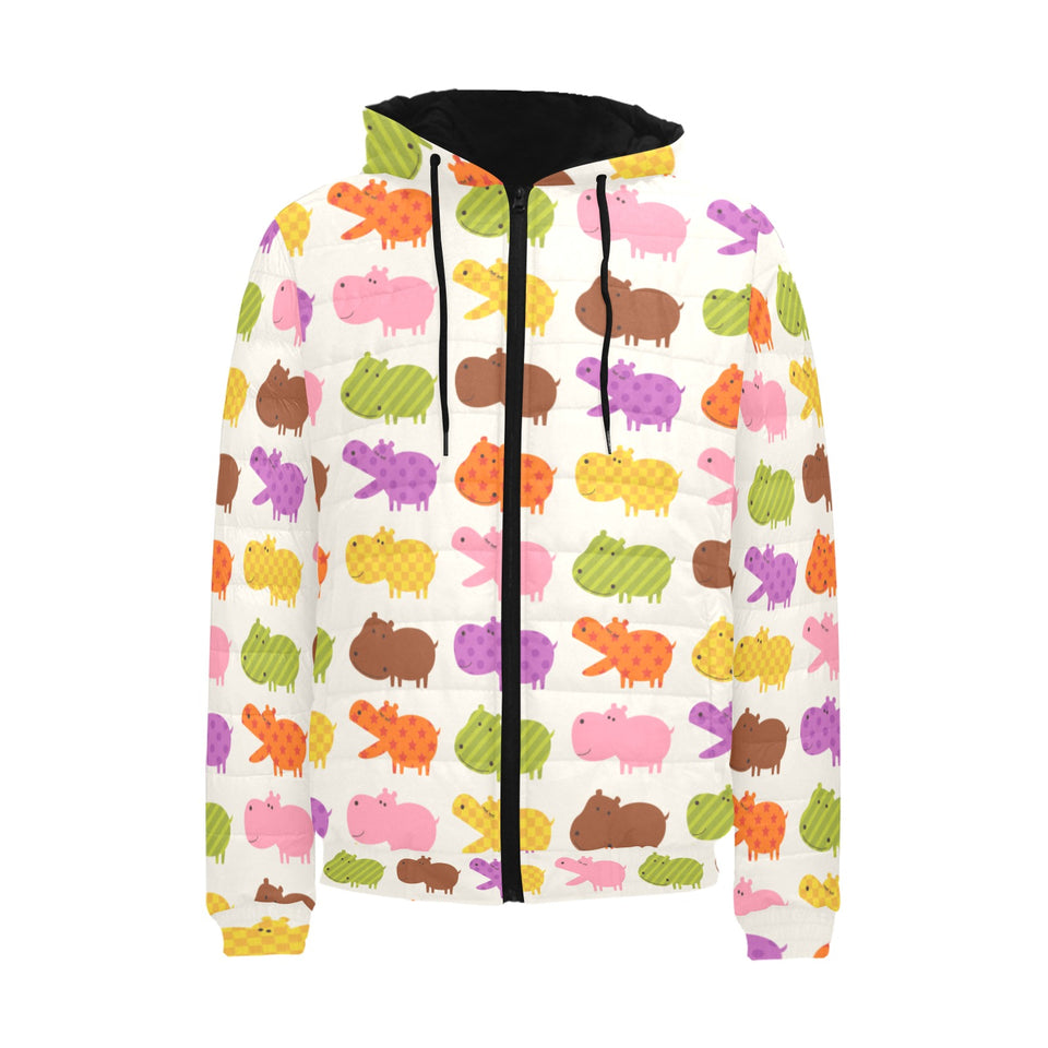 Hippopotamus Pattern Print Design 01 Men's Padded Hooded Jacket