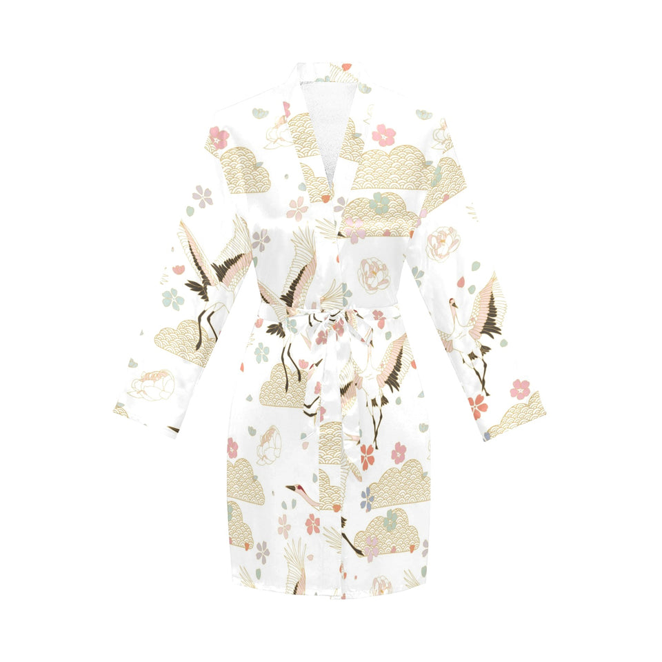 Beautiful Japanese cranes pattern Women's Long Sleeve Belted Night Robe