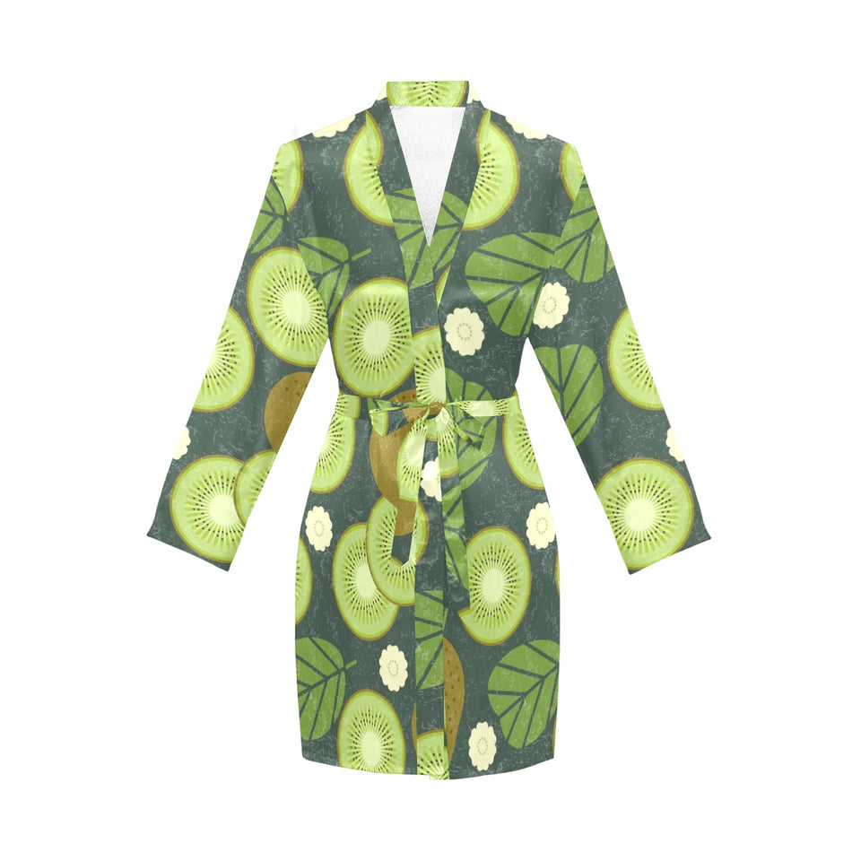 Whole sliced kiwi leave and flower Women's Long Sleeve Belted Night Robe