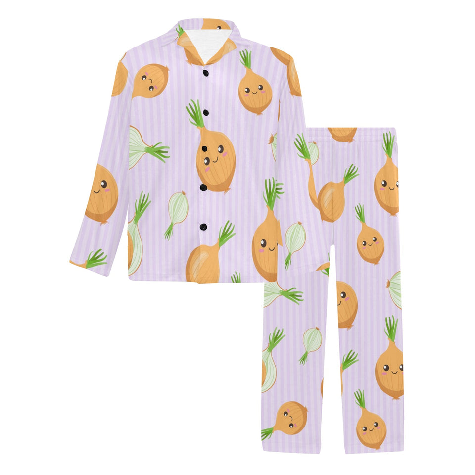 cute onions smiling faces purple background Men's Long Pajama Set