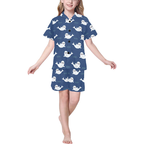 Cute white baby sea lion seal pattern Kids' Boys' Girls' V-Neck Short Pajama Set