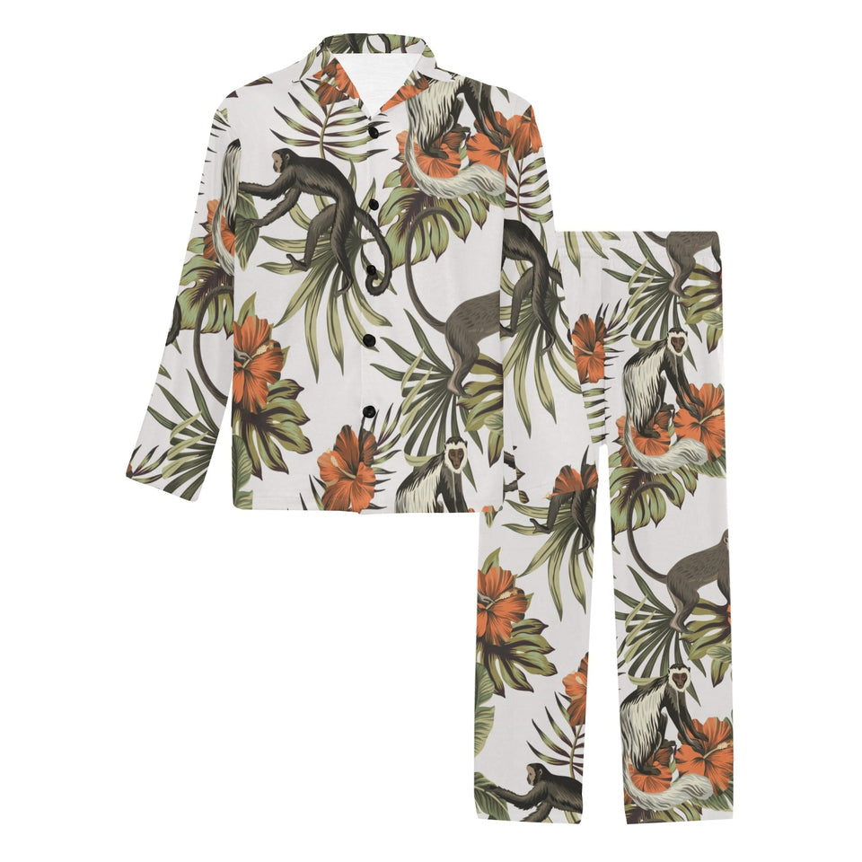 Monkey red hibiscus flower palm leaves floral patt Men's Long Pajama Set