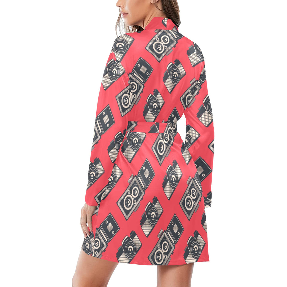 Camera Pattern Print Design 05 Women's Long Sleeve Belted Night Robe