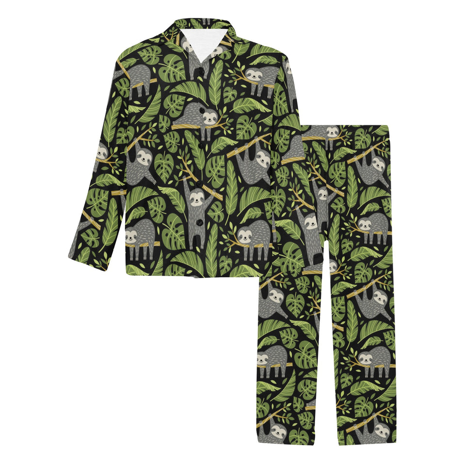 Cute sloths tropical palm leaves black background Men's Long Pajama Set