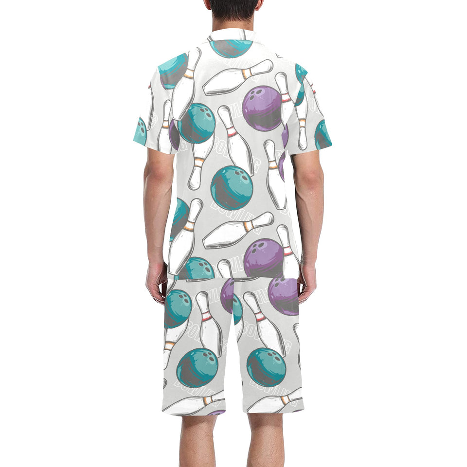 Bowling ball and pin gray background Men's V-Neck Short Pajama Set