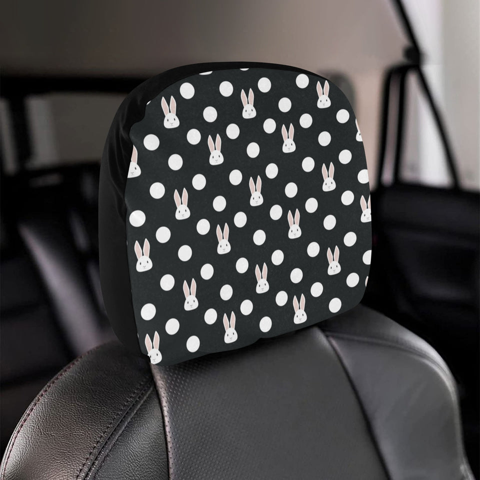 Cute white rabbit polka dots black background Car Headrest Cover