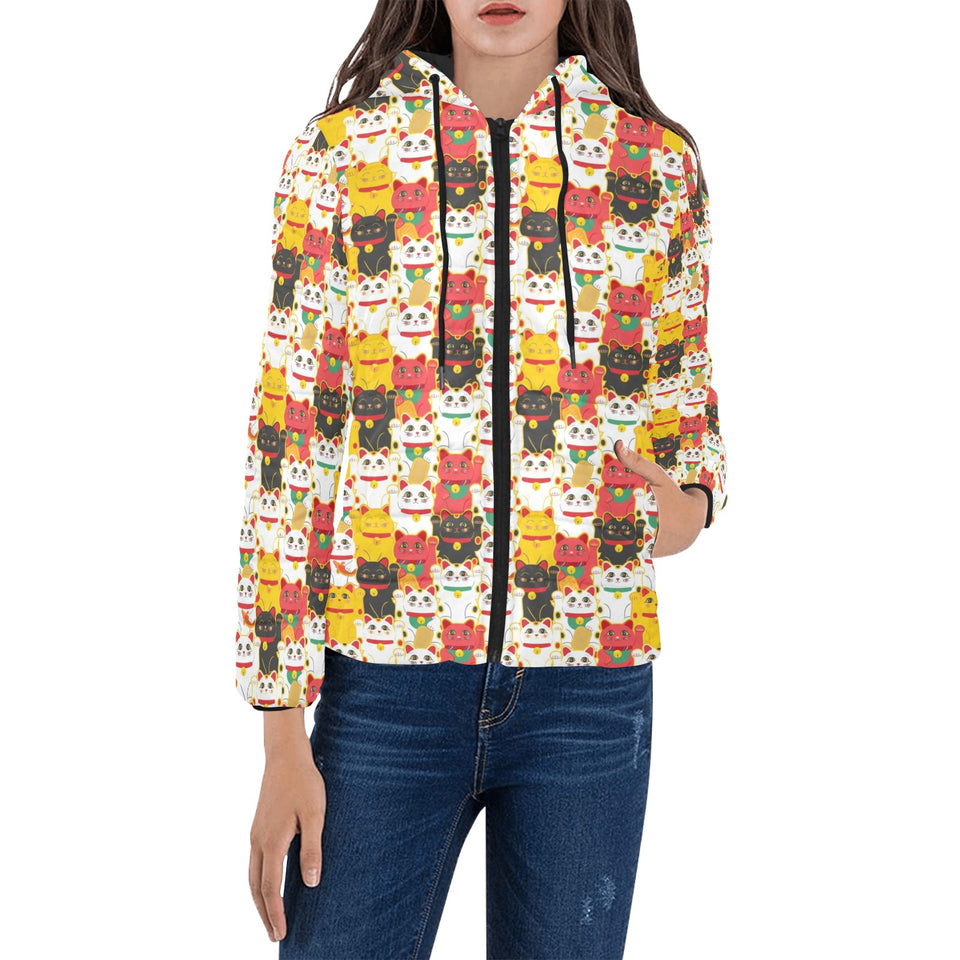 Colorful Maneki neko cat pattern Women's Padded Hooded Jacket