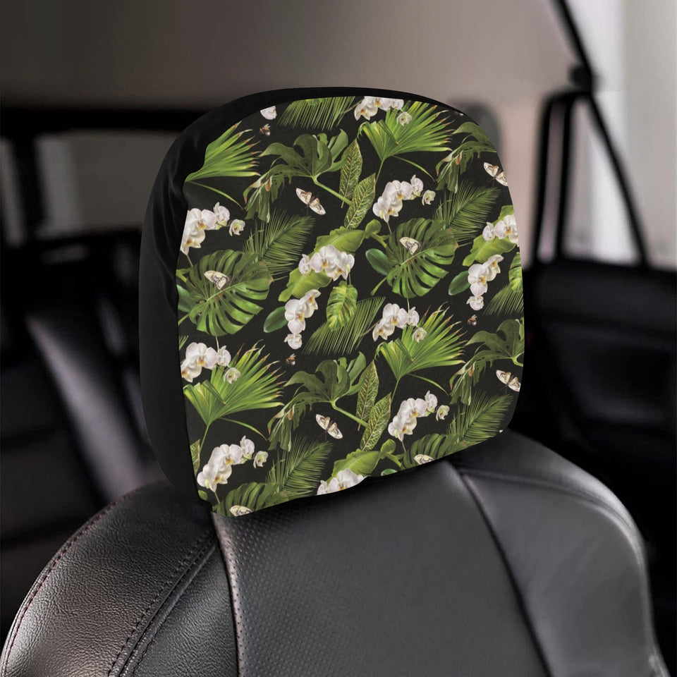 White orchid flower tropical leaves pattern blackg Car Headrest Cover