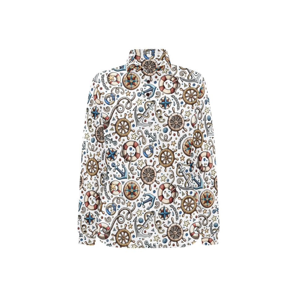 Cute nautical steering wheel anchor pattern Women's Long Sleeve Polo Shirt