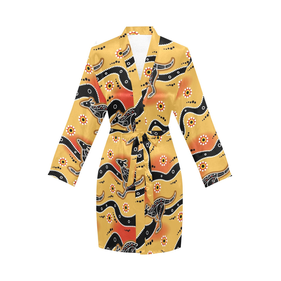 Kangaroo Australian aboriginal art pattern Women's Long Sleeve Belted Night Robe