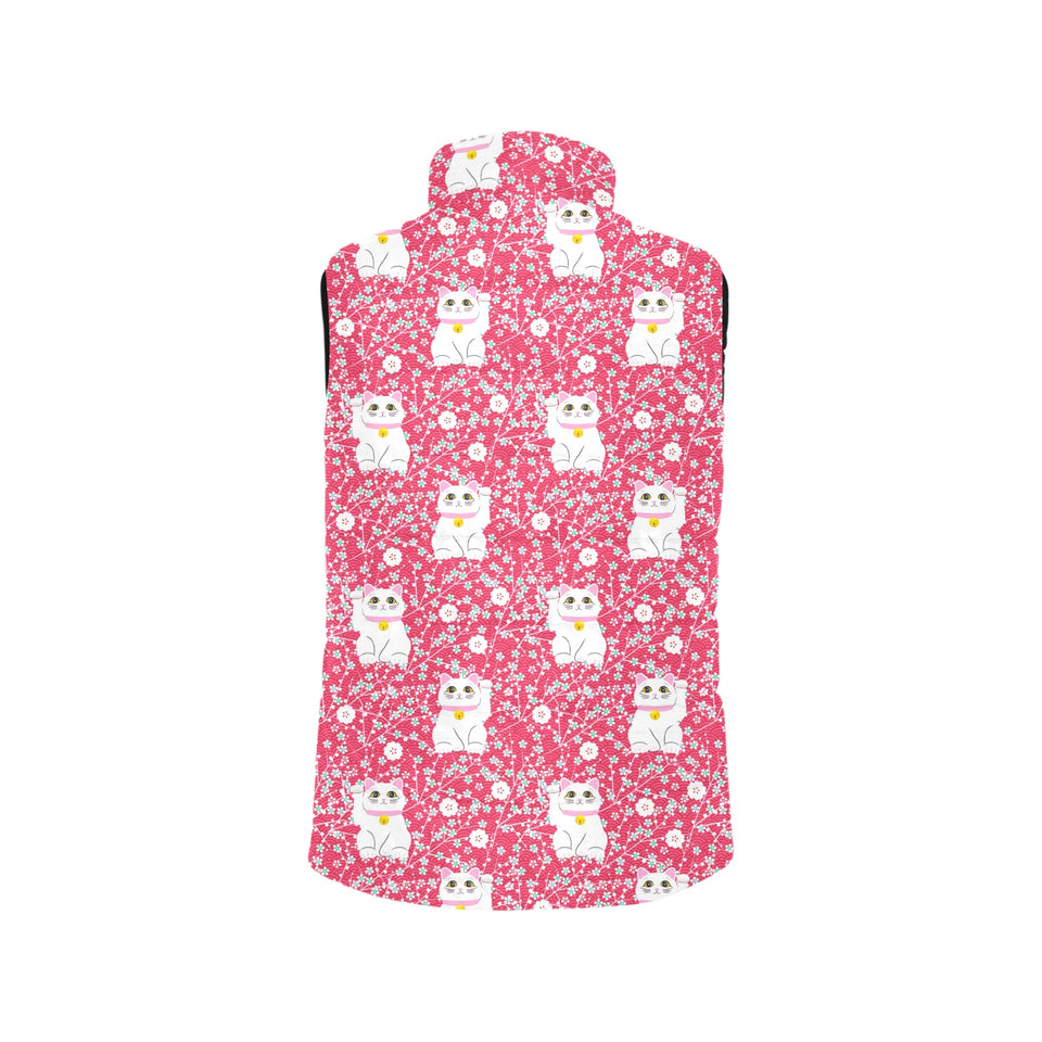 Maneki neko cat sakura pink background Men's Padded Vest