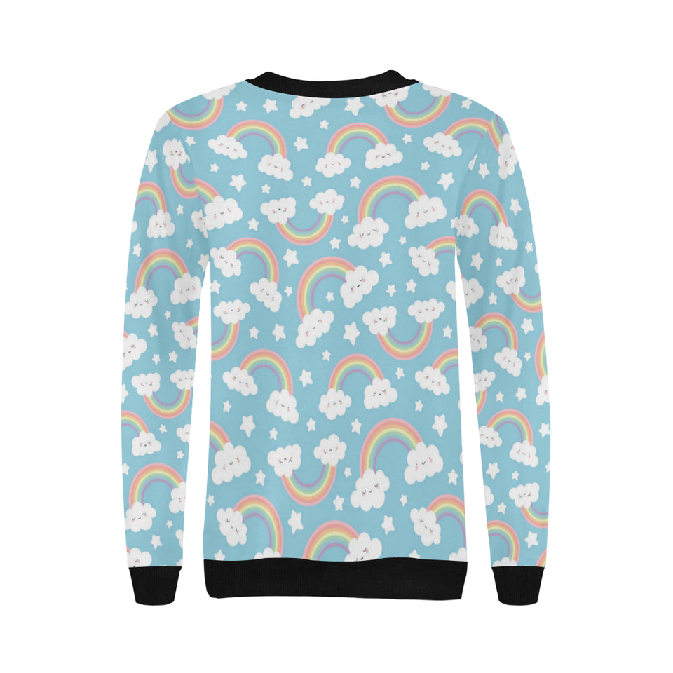 Cute rainbow clound star pattern blue background Women's Crew Neck Sweatshirt