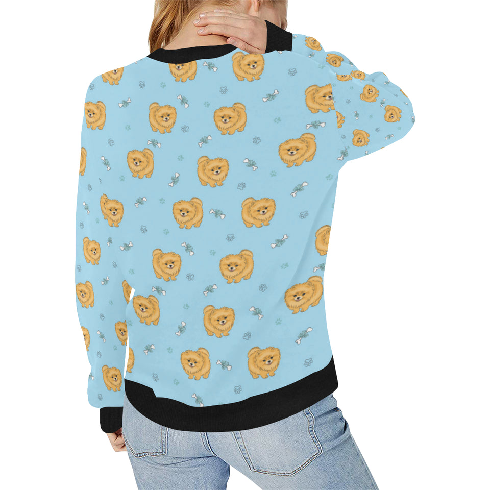 Brown cute pomeranian blue blackground Women's Crew Neck Sweatshirt