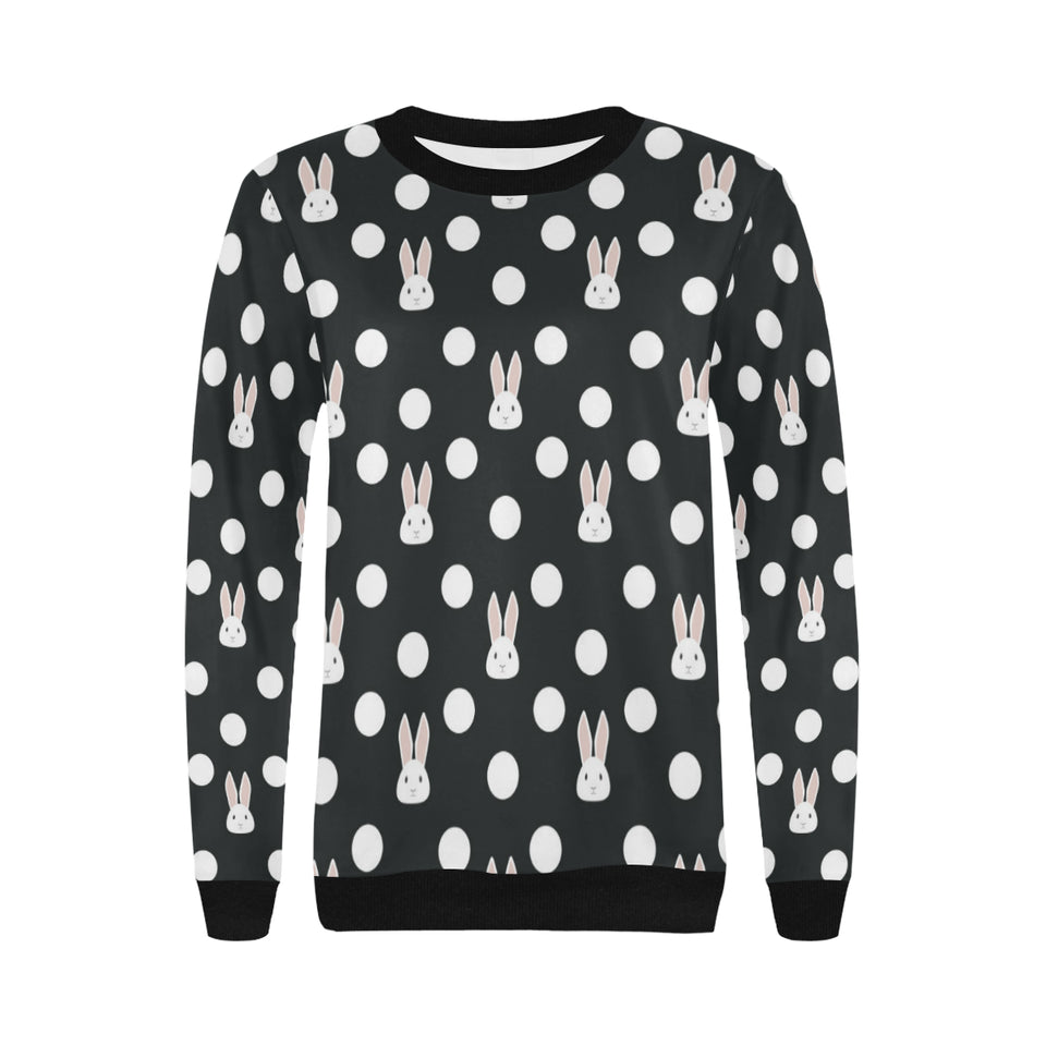 Cute white rabbit polka dots black background Women's Crew Neck Sweatshirt