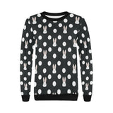 Cute white rabbit polka dots black background Women's Crew Neck Sweatshirt