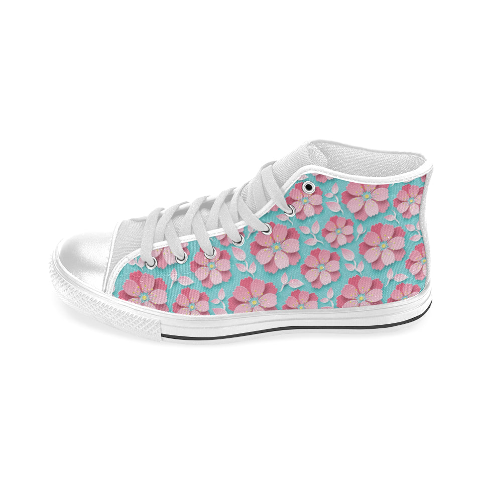 3D sakura cherry blossom pattern Men's High Top Canvas Shoes White