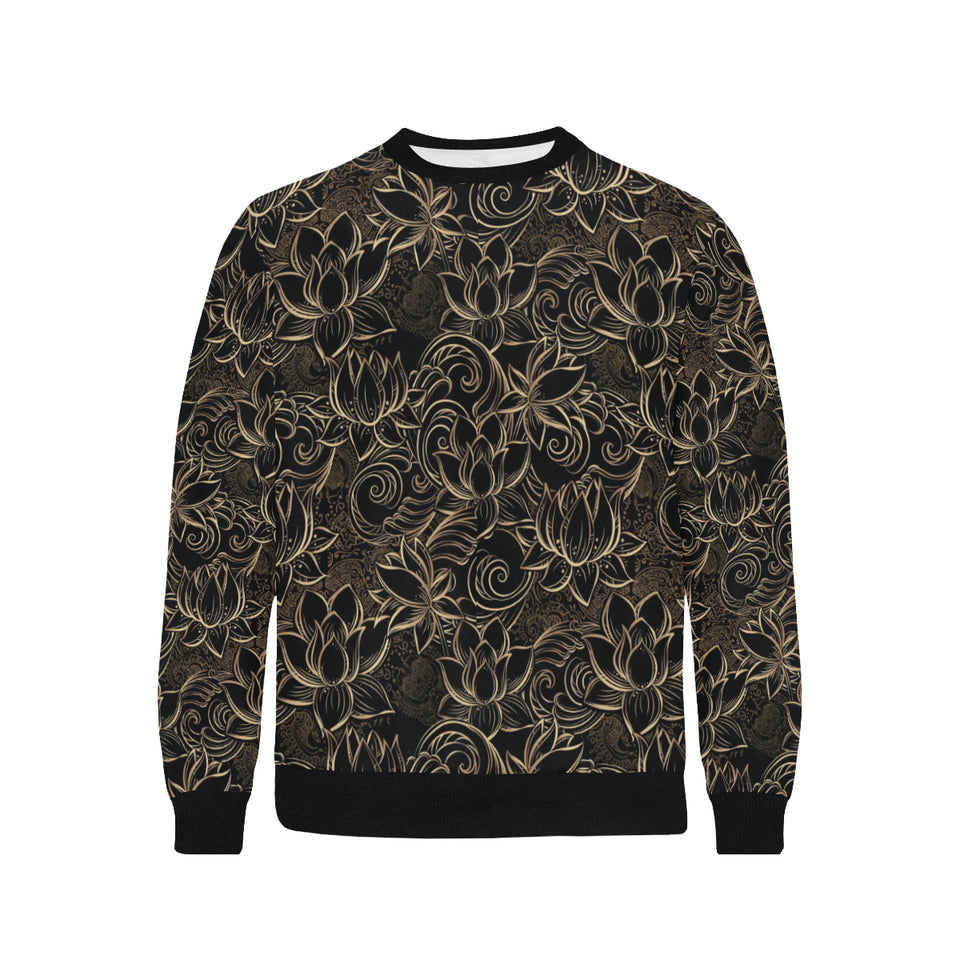 luxurious gold lotus waterlily black background Men's Crew Neck Sweatshirt