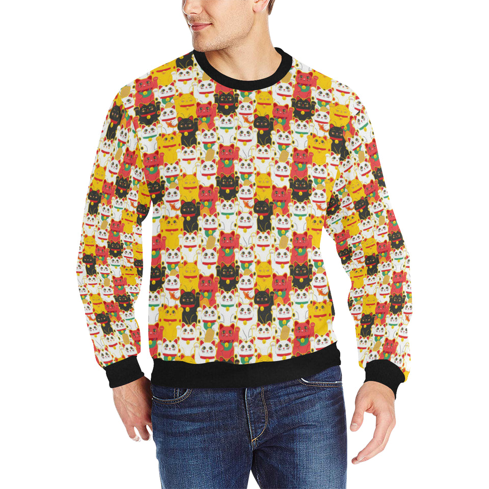 Colorful Maneki neko cat pattern Men's Crew Neck Sweatshirt