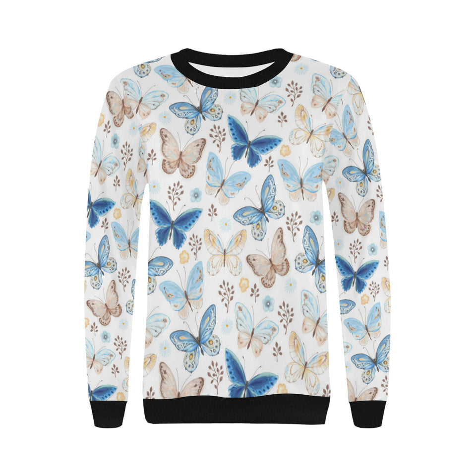 blue butterfly pattern Women's Crew Neck Sweatshirt
