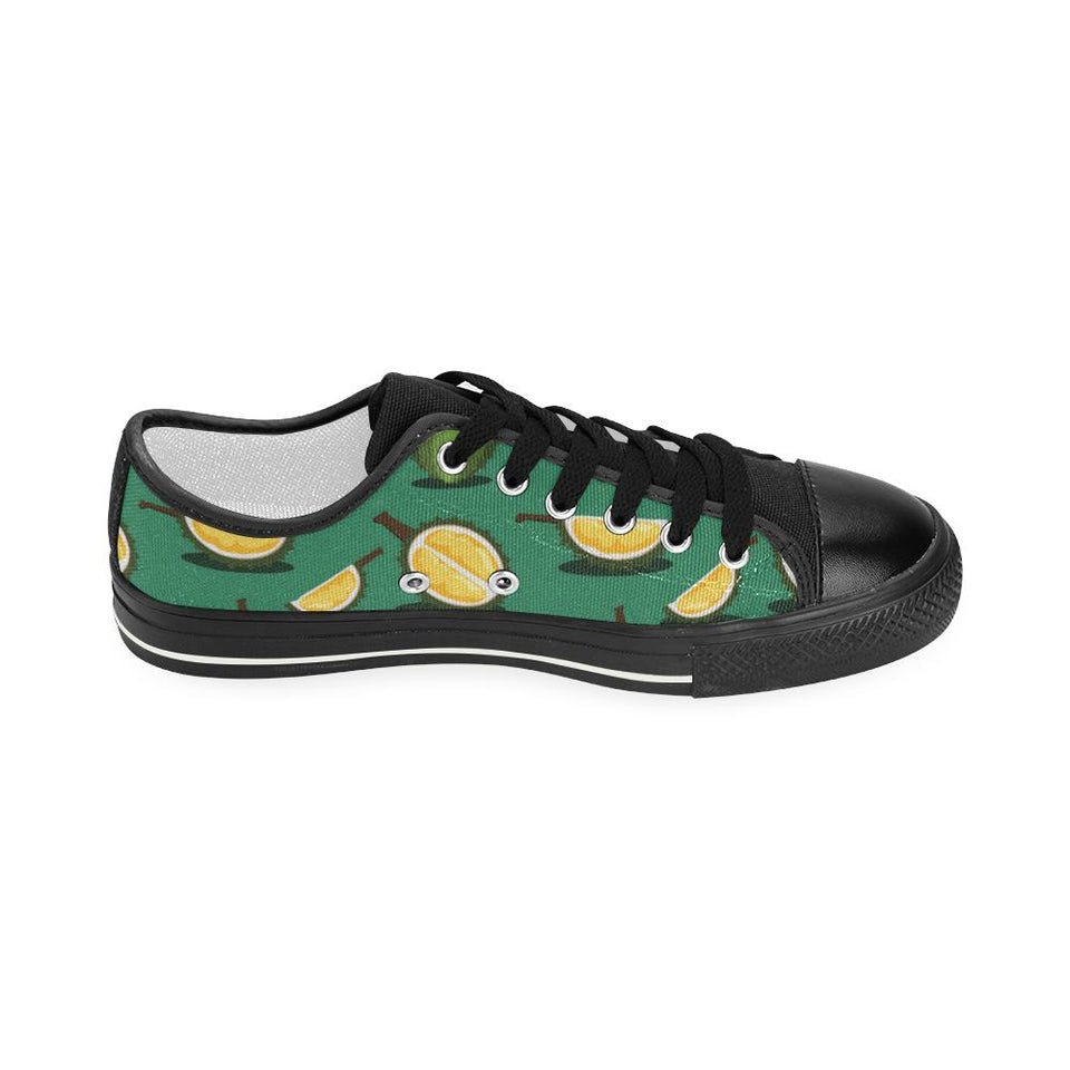 Durian pattern green background Kids' Boys' Girls' Low Top Canvas Shoes Black